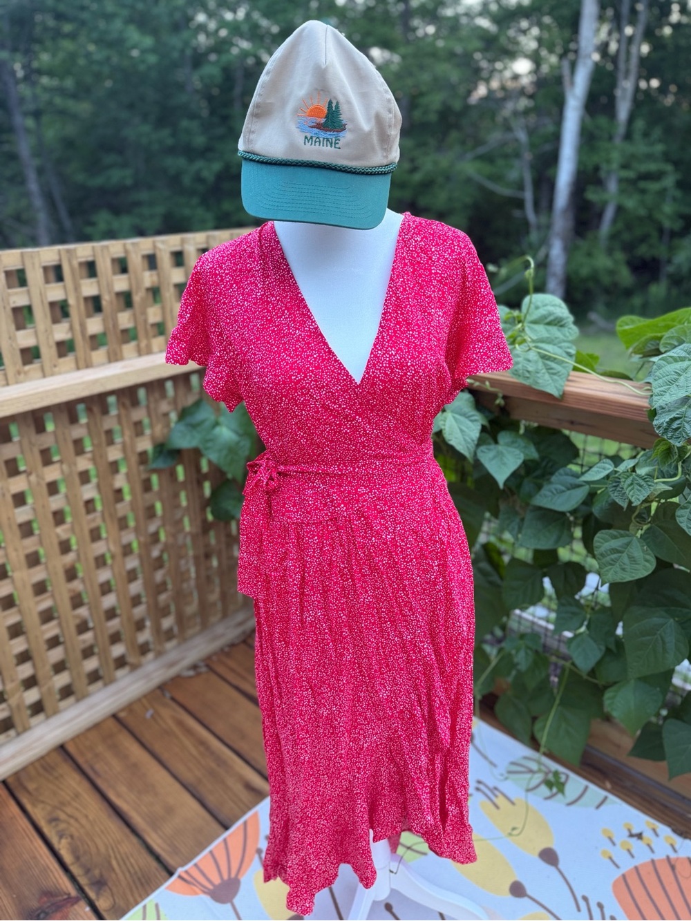Red Confetti Print Wrap Midi Dress - Size S (Gently Worn) *HAT NOT INCLUDED*